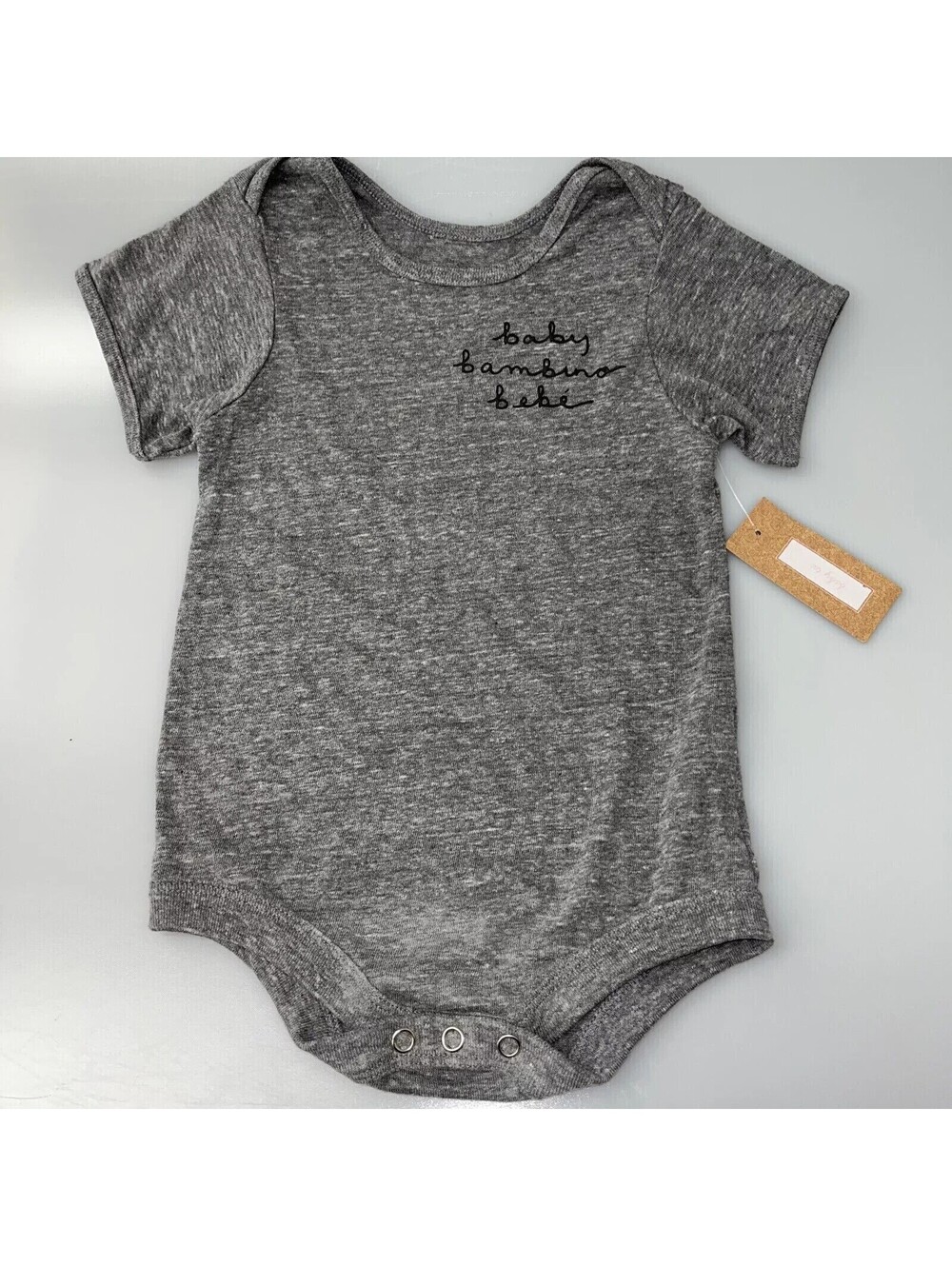 TwelveNYC One Piece Bodysuit "Baby Bambino Bebe" Embroidered 12M Grey NWT